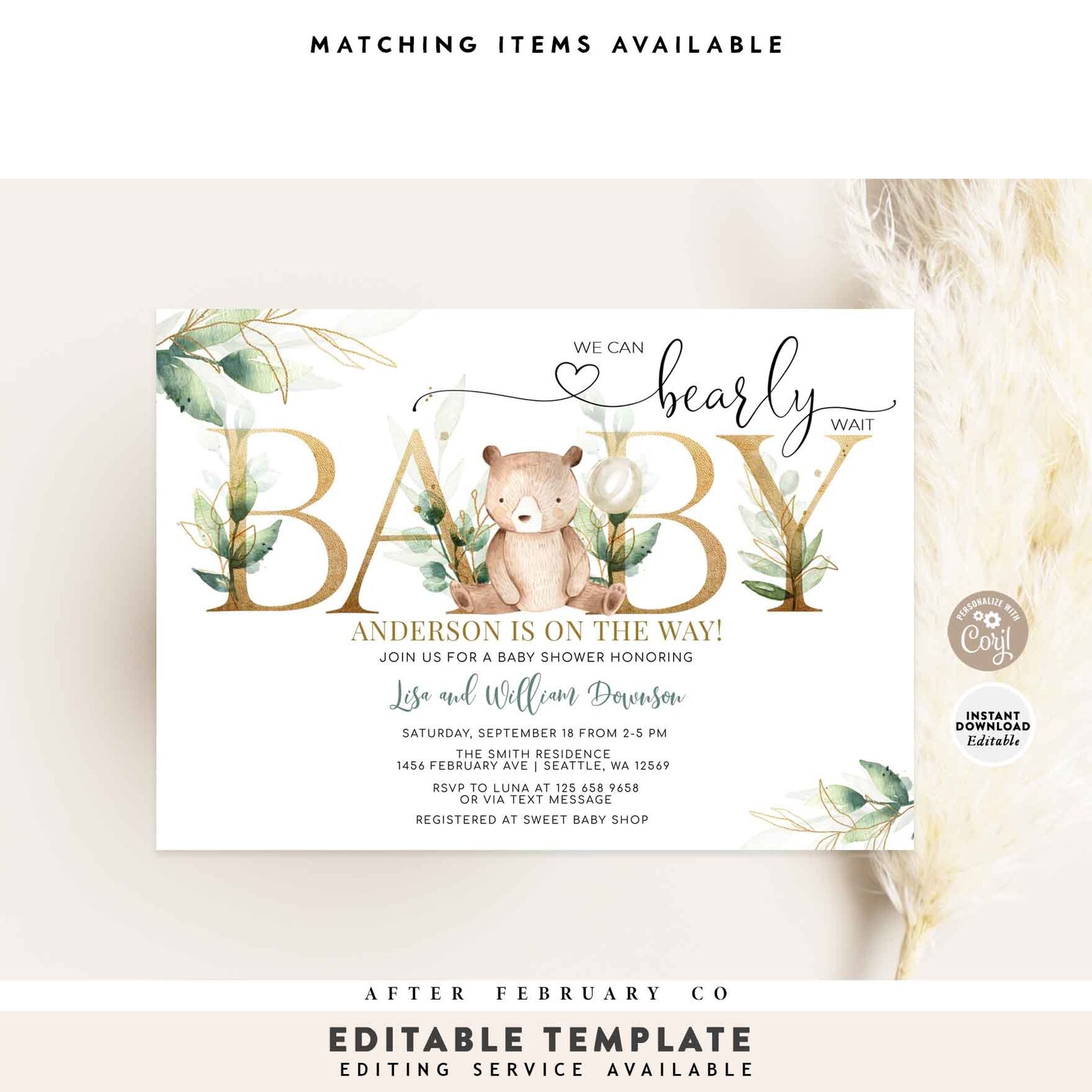 EDITABLE Greenery Gold We Can Bearly Wait Teddy Bear Baby Shower ...