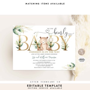 EDITABLE Greenery Gold We Can Bearly Wait Teddy Bear Baby Shower ...