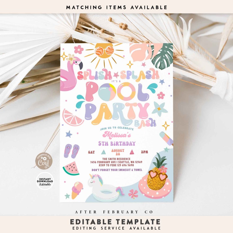 Editable Pool Party Invitation: Tropical Summer Splash Invite Editable ...