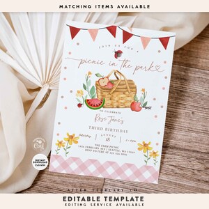 May include: A printable invitation for a picnic in the park to celebrate a third birthday. The invitation features a watercolor illustration of a picnic basket with fruit, a watermelon, and flowers. The text on the invitation reads "Join us for a picnic in the park" and "To celebrate Rose Jane's Third Birthday".