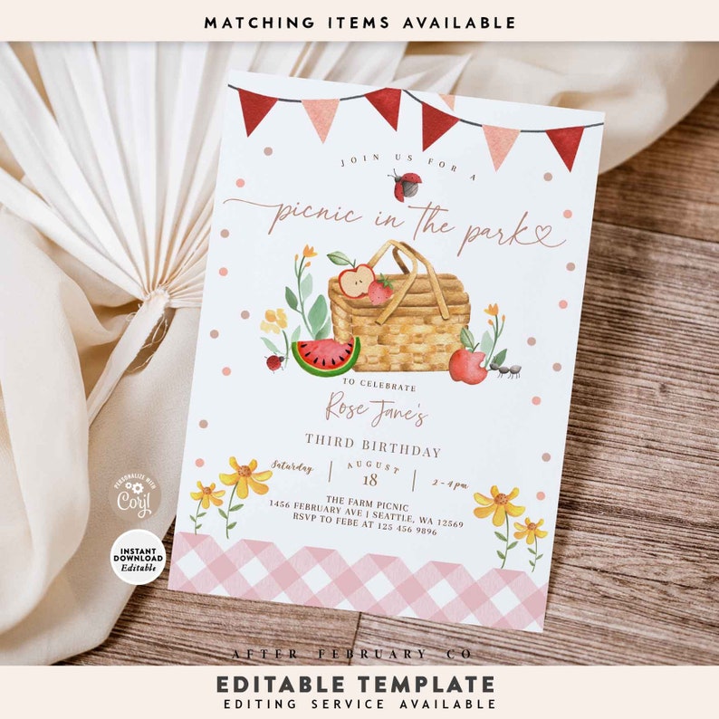 May include: A printable invitation for a picnic in the park to celebrate a third birthday. The invitation features a watercolor illustration of a picnic basket with fruit, a watermelon, and flowers. The text on the invitation reads "Join us for a picnic in the park" and "To celebrate Rose Jane's Third Birthday".