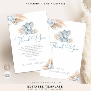 May include: Blue and beige thank you card with a watercolor illustration of a baby elephant with a blue bow. The text on the card reads "Thank You" and includes a message of gratitude for attending a baby shower.