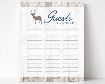 Woodland Deer Taupe Blue Birch Vintage Guest Sign In Sheet Retro Rustic Typography Baby Shower Sign Digital Printable Instant Download 125V1