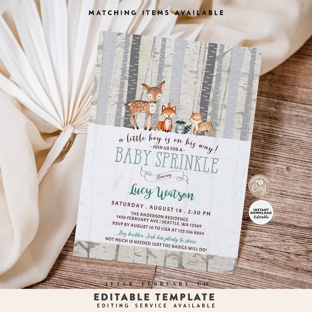 Editable Rustic Woodland Baby Sprinkle Boy Deer Owl Fox Animals Baby ...
