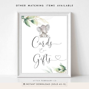 Grün Gold Gender Neutral Elefant Karten und Geschenke Zeichen Erdnuss Elefant Baby Shower Decor Dekoration druckbar Sofort Download 1302V1