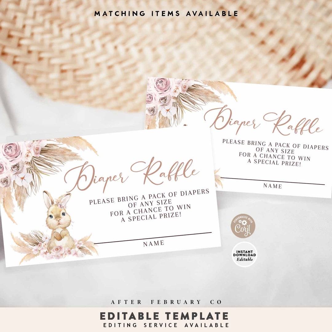 Peta Leaping Rabbit Raffle EDITABLE Pink Boho Bunny Rabbit Diaper Raffle Ticket Pampas Grass Baby ...