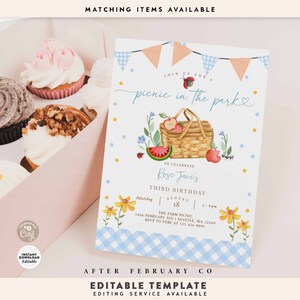 Peut inclure: Une invitation imprimable pour un pique-nique dans le parc pour c&eacute;l&eacute;brer le troisi&egrave;me anniversaire d'un enfant. L'invitation repr&eacute;sente un panier de pique-nique avec des fruits, une past&egrave;que et des coccinelles. L'invitation est d&eacute;cor&eacute;e de vichy bleu et blanc, de fleurs jaunes et de pois rouges et blancs. Le texte sur l'invitation indique "Rejoignez-nous pour un pique-nique dans le parc" et "Pour c&eacute;l&eacute;brer le troisi&egrave;me anniversaire de Rose Jane".