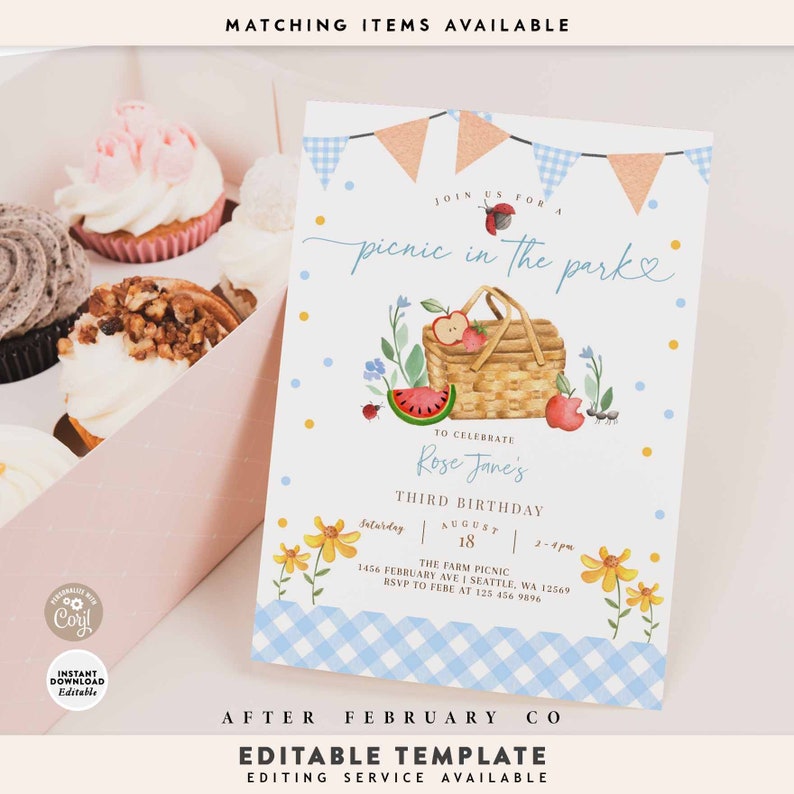 Peut inclure: Une invitation imprimable pour un pique-nique dans le parc pour c&eacute;l&eacute;brer le troisi&egrave;me anniversaire d'un enfant. L'invitation repr&eacute;sente un panier de pique-nique avec des fruits, une past&egrave;que et des coccinelles. L'invitation est d&eacute;cor&eacute;e de vichy bleu et blanc, de fleurs jaunes et de pois rouges et blancs. Le texte sur l'invitation indique "Rejoignez-nous pour un pique-nique dans le parc" et "Pour c&eacute;l&eacute;brer le troisi&egrave;me anniversaire de Rose Jane".