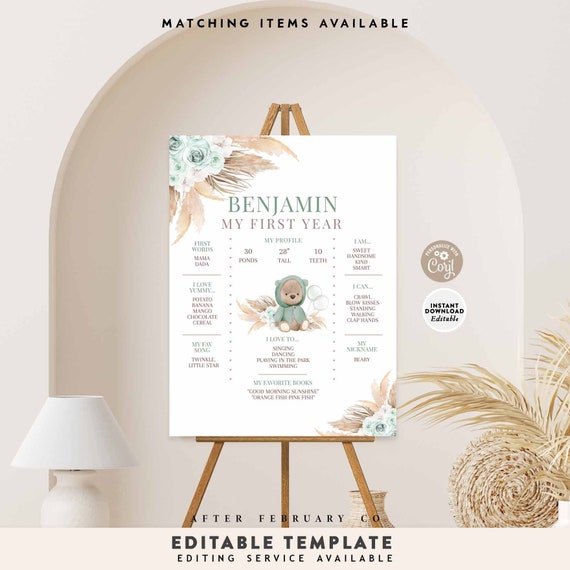 EDITABLE Sage Green Pampas Grass Boho Teddy Bear 1st Birthday