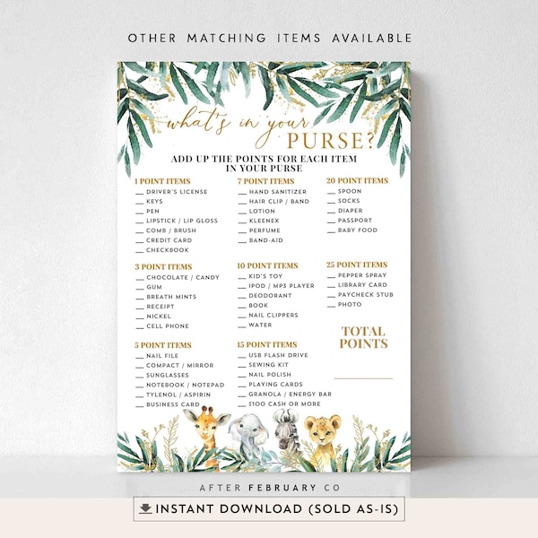 Safari Animals What's in Your Purse Game Greenery Gold Gender Neutral Baby Shower Brunch Game Games Printable Instant Download 197