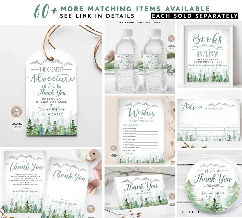 Może przedstawiać: Zestaw drukowanych dekoracji na baby shower w stylu leśnym. Dekoracje obejmują tabliczkę powitalną, tabliczkę z prośbą o książki, etykietę na butelkę wody, kartkę z podziękowaniami, kartkę z życzeniami, kartkę z radami i etykietkę na upominek. Dekoracje przedstawiają akwarelowy rysunek lasu z g&oacute;rami w tle.