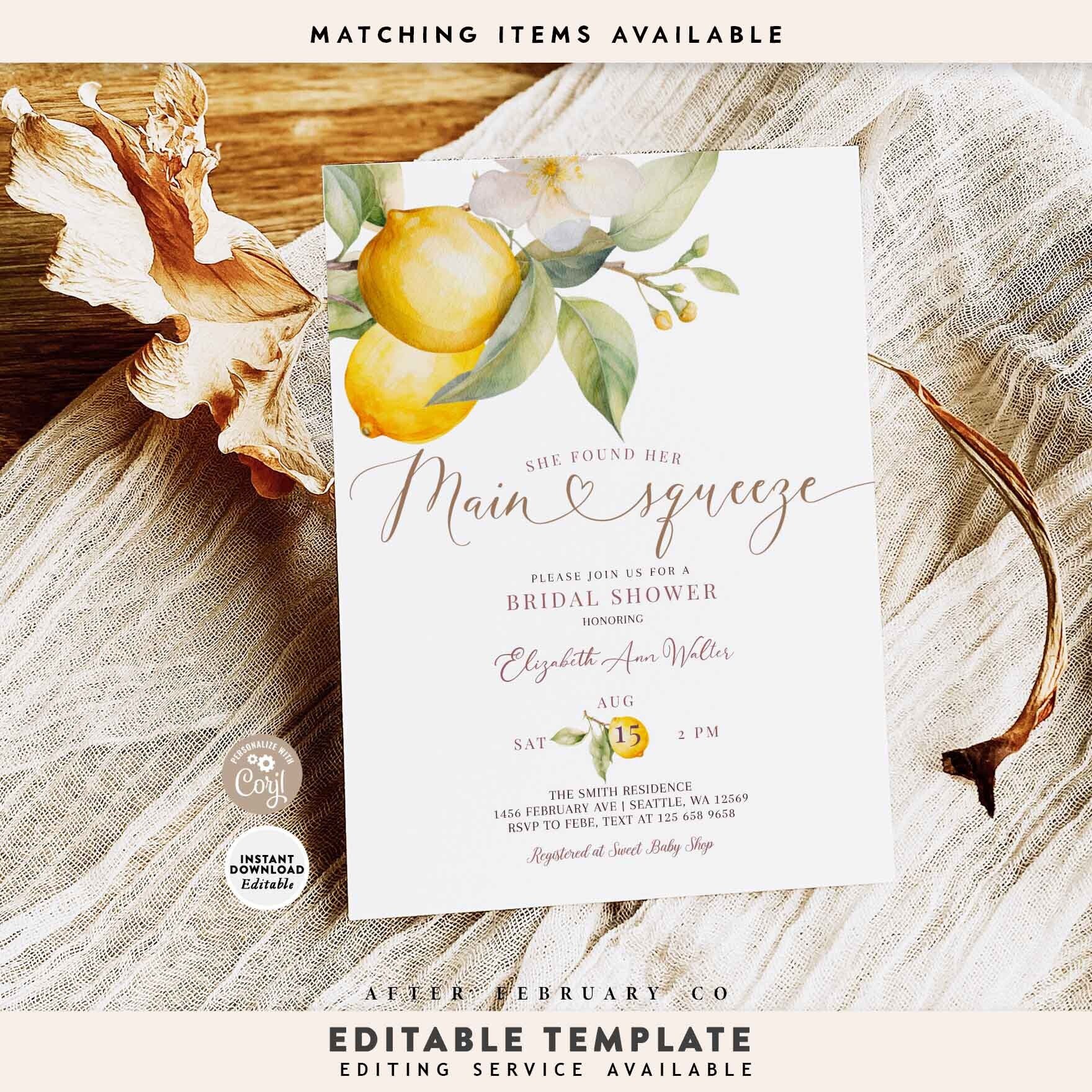 Editable She Found Her Main Squeeze Invitation Lemon Citrus Bridal ...