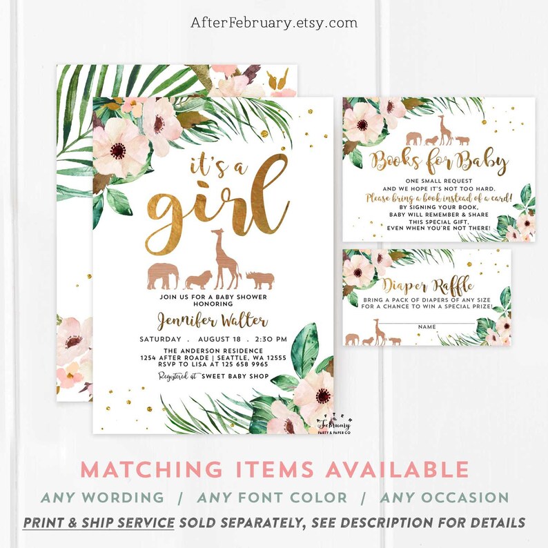 3-Piece Safari Baby Shower Invitation Girl Blush Pink Floral Rose Gold Jungle Baby Shower Invite It/'s a Girl Invite Digital Printable 1371