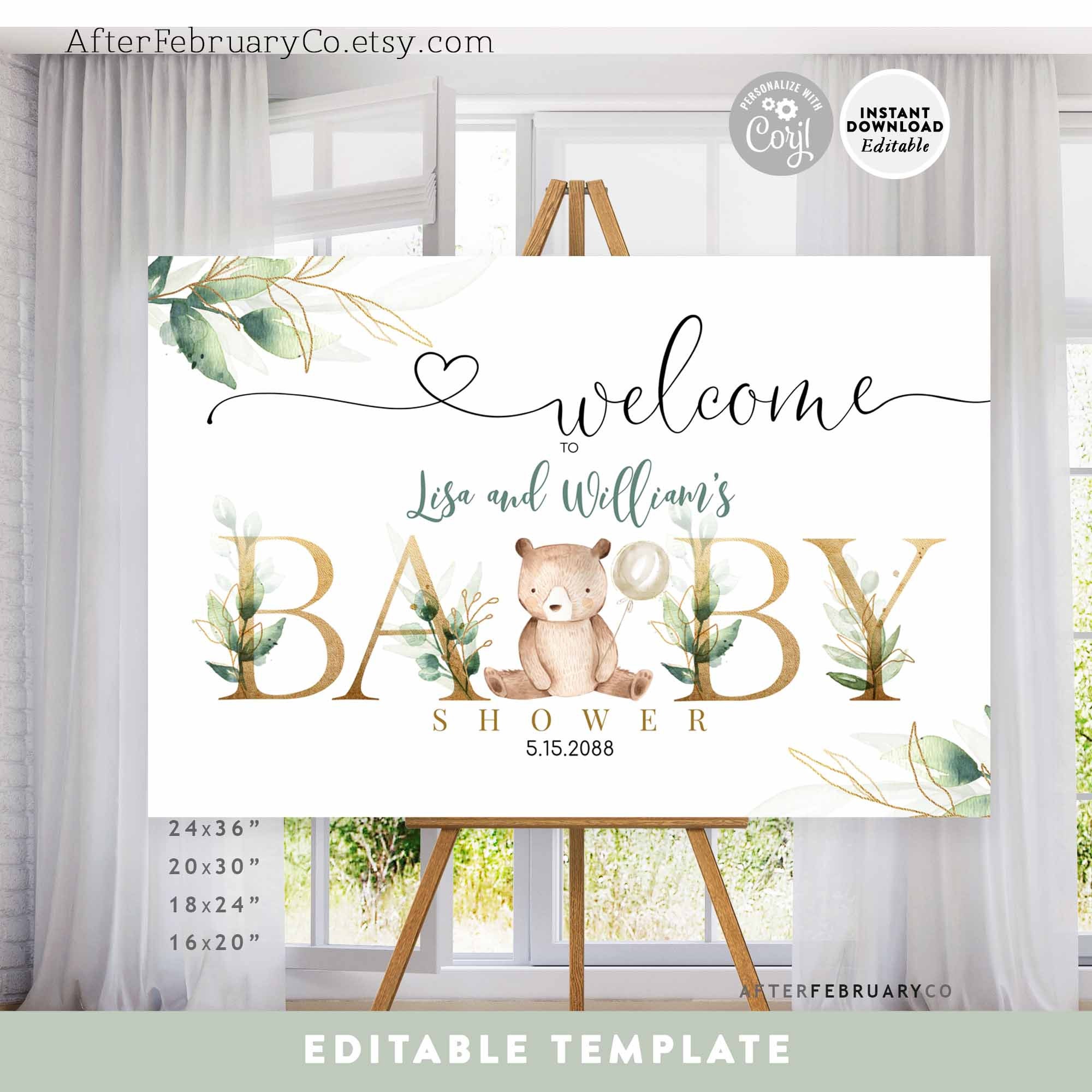 EDITABLE Greenery Gold We Can Bearly Wait Teddy Bear Baby Shower ...