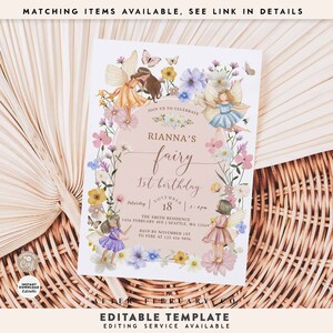 Pode incluir: Um convite imprim&iacute;vel rosa e branco com uma borda floral e um tema de fada. O convite diz "Junte-se a n&oacute;s para celebrar o primeiro anivers&aacute;rio de Rianna's fairy" e inclui a data, a hora e o local da festa.