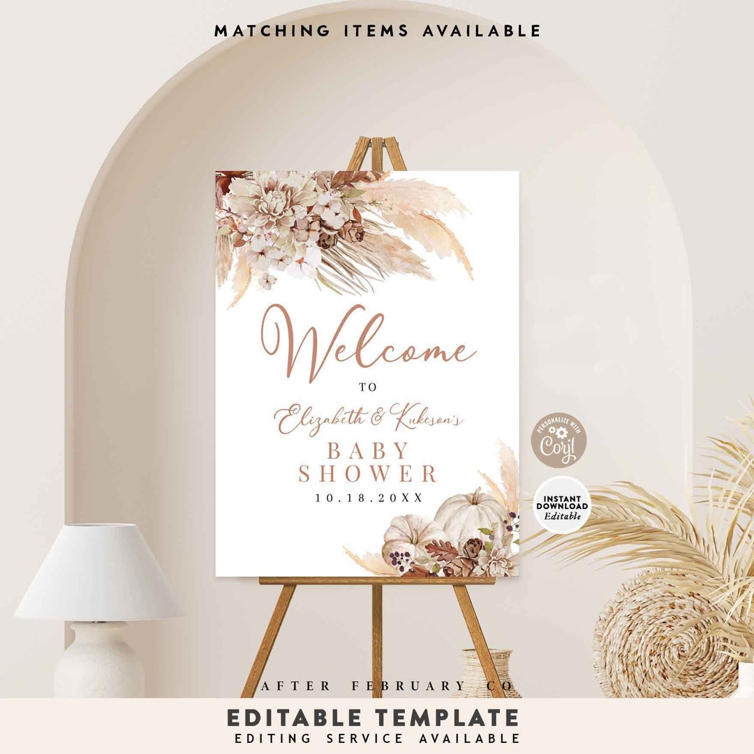EDITABLE Pampas Grass Boho Fall Baby Shower Welcome Sign Neutral Baby ...