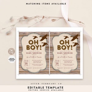 May include: A rustic baby shower invitation with a woodgrain background and a burlap texture. The invitation features a brown silhouette of flying ducks and the text "Oh Boy!" in brown letters. The invitation includes the date, time, and location of the baby shower.