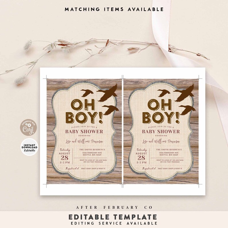 May include: A rustic baby shower invitation with a woodgrain background and a burlap texture. The invitation features a brown silhouette of flying ducks and the text "Oh Boy!" in brown letters. The invitation includes the date, time, and location of the baby shower.