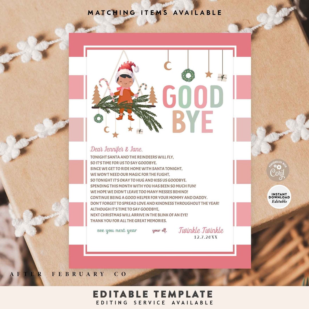 EDITABLE Girl Elf Good Bye for Now Bye Letter Modern Muted Pink Boho ...