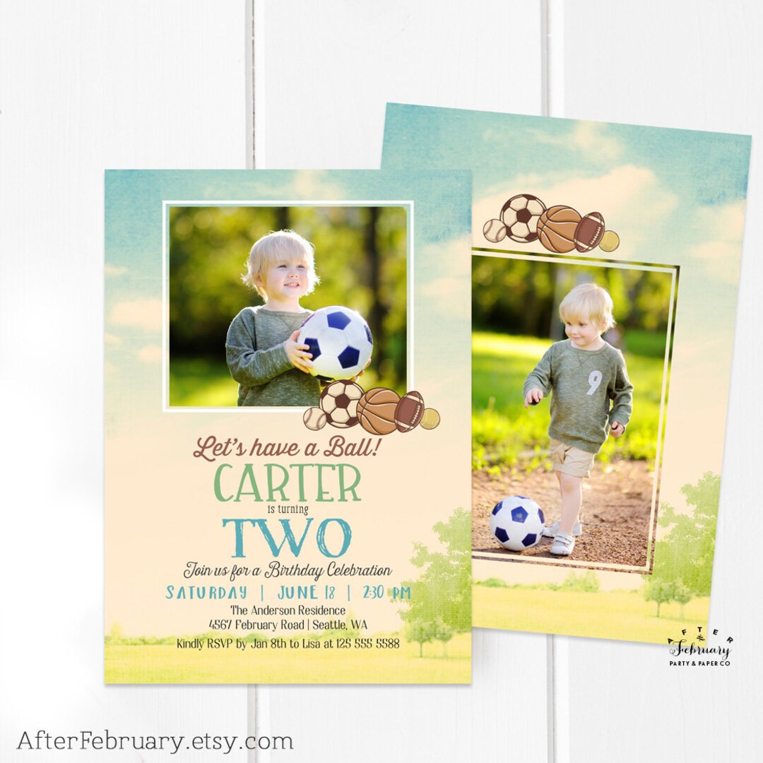 Boy Sports Birthday Invitation, Let's Have a Ball Basketball Baseball