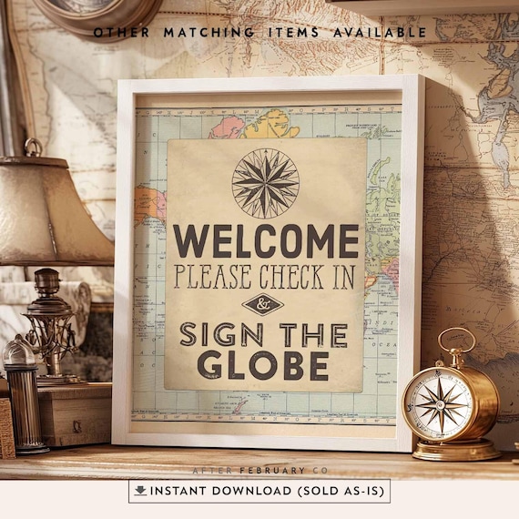 Sign the Globe Baby Shower Decor: Vintage Travel Compass Printable (Instant Download) 1269