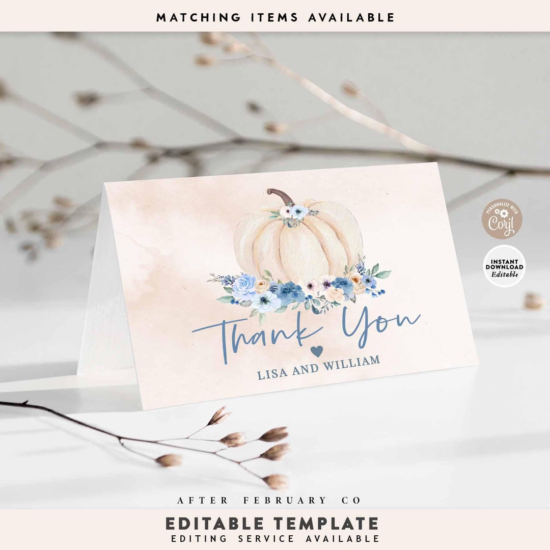 EDITABLE Blue Blush Fall in Love Pumpkin Thank You Folded Card Thank ...