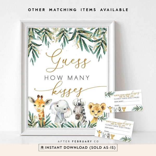 Safari Animals Baby Shower Games Guess How Many Kisses Greenery Gold Gender Neutral Baby Shower Sprinkle Game Printable Instant Download 197