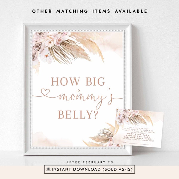Pink Pampas Grass Boho Girl Baby Shower Guess How Big Is Mommy's Belly Game Games Shower Activity Digital Printable Instant Download 411V1