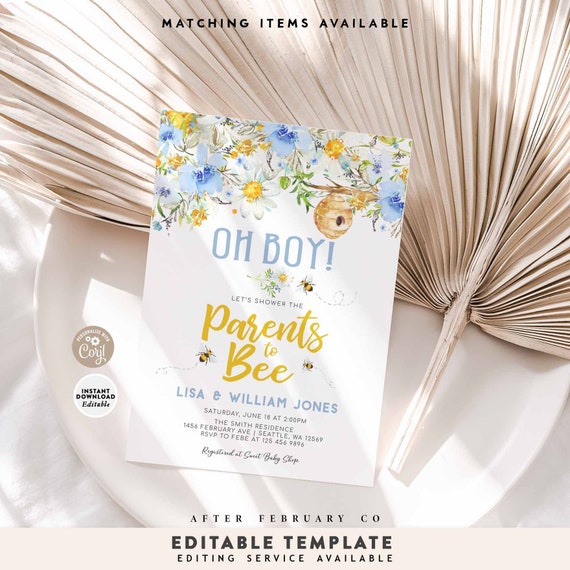 Editable Bee Baby Shower Boy Parents to Bee Yellow Camomile Blue Floral Couples Oh Boy Invitation Invite Template Instant Download 458 (1)