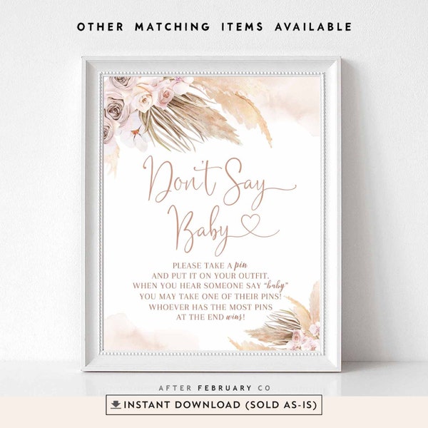 Pink Pampas Grass Boho Baby Shower Decor Don't Say Baby Game Sign Printable Boho Girl Shower Digital Printable Instant Download 411V1