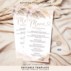Cardápio de chá de bebê boho de capim-dos-pampas rosa editável 4x8" Modelo de cardápio boho para menina para impressão Download instantâneo 411V1