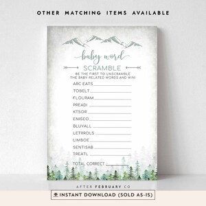 Adventure Mountain Forest Outdoor Hunting Tree Baby Word Scramble Game Baby Shower Games Digital Printable Instant Download 540V1