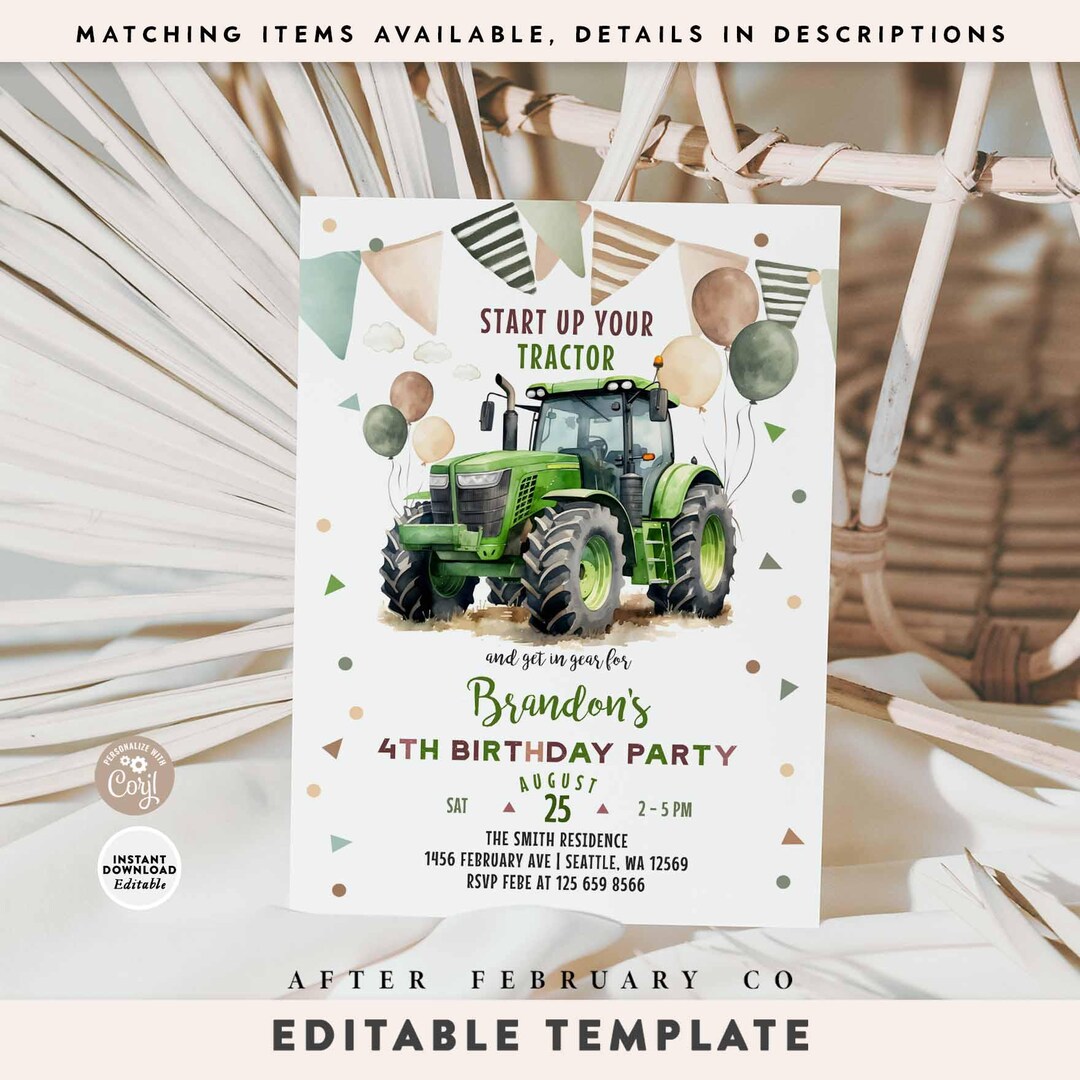 Editable Green Tractor Birthday Party Invitation Green Tractor Birthday ...