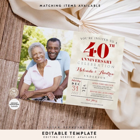 EDITABLE  Any Year Anniversary Invitation Photo Anniversary Invite Ruby Red Wedding Anniversary Typography Template Instant Download 730