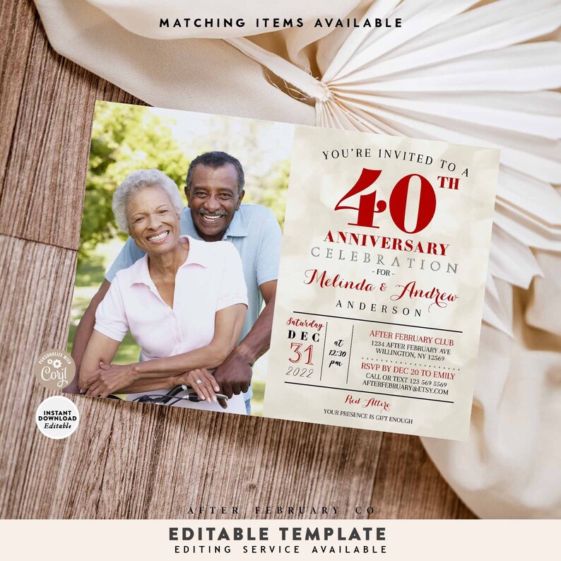 May include: A 40th anniversary invitation featuring a photo of an older couple. The invitation is for Melinda and Andrew Anderson and is for a celebration on 31st December 2022 at 12:30 pm. The event is at the After February Club, 1234 After February Ave, Willington, NY 12569. RSVP by 20th December to Emily at 123-569-5569 or afterfebruary@etsy.com.