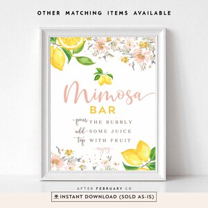 Letrero imprimible de barra de mimosa de limón para boda, diseño floral amarillo ruborizado y rosa, juegos para despedida de soltera, descarga digital instantánea 1214BR