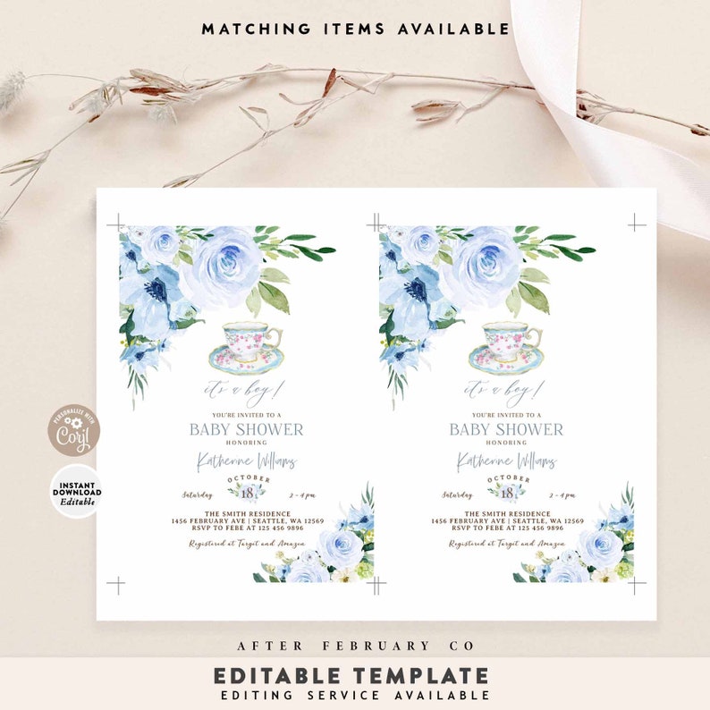 Editable Blue Floral Baby Shower Tea Party Boy Tea Party Baby Etsy