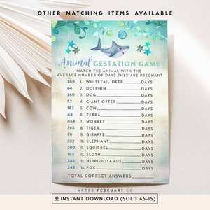 Blue Shark Animal Gestation Game Printable Under the Sea Undersea Sea Turtle Boy Baby Shower Games Game Printable Instant Download 1205