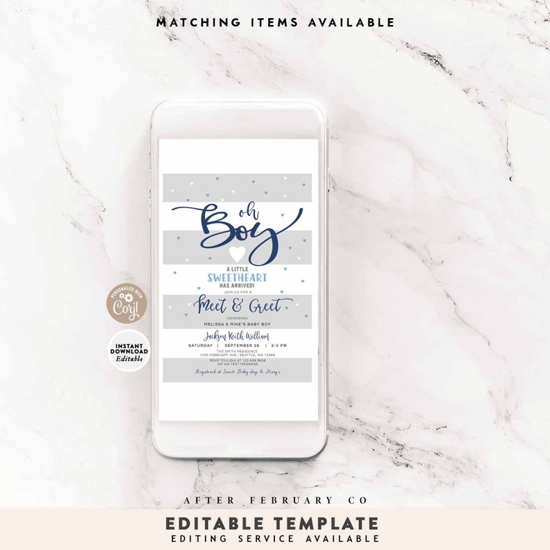May include: A blue and gray baby shower invitation with the text "Oh Boy!" and "A Little Sweetheart Has Arrived!"  The invitation also includes the text "Meet & Greet" and details for the event.