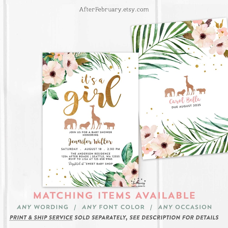 3-Piece Safari Baby Shower Invitation Girl Blush Pink Floral Rose Gold Jungle Baby Shower Invite It/'s a Girl Invite Digital Printable 1371