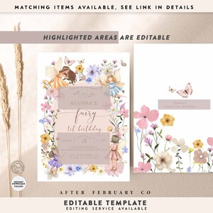 Pode incluir: Um convite imprim&iacute;vel para uma festa de primeiro anivers&aacute;rio com tema de fada. O convite apresenta um fundo rosa e branco com uma borda floral e uma ilustra&ccedil;&atilde;o de fada. O texto no convite diz "Rianna's fairy 1st birthday".