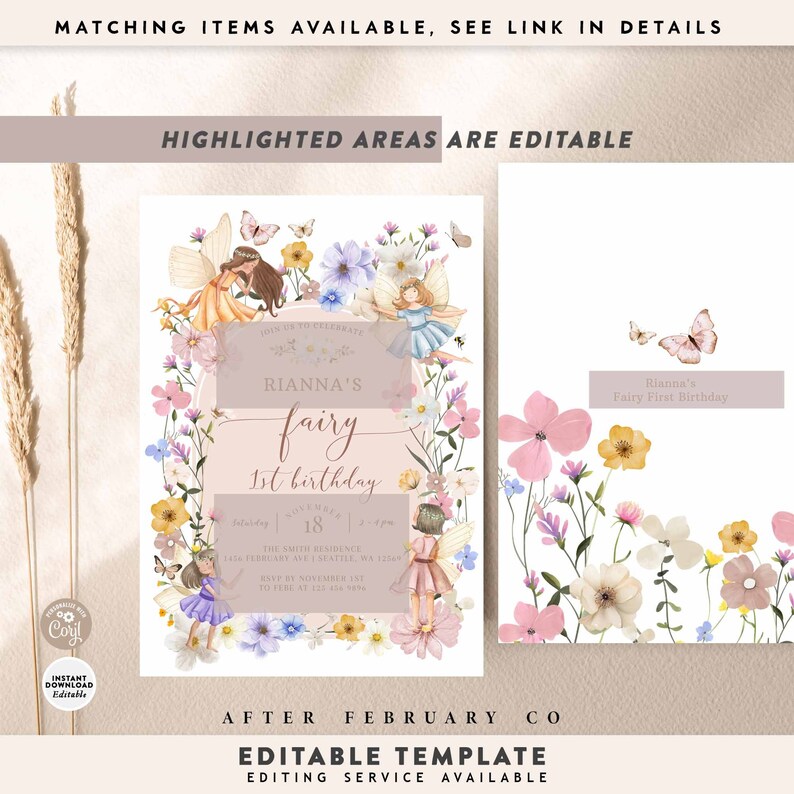Pode incluir: Um convite imprim&iacute;vel para uma festa de primeiro anivers&aacute;rio com tema de fada. O convite apresenta um fundo rosa e branco com uma borda floral e uma ilustra&ccedil;&atilde;o de fada. O texto no convite diz "Rianna's fairy 1st birthday".