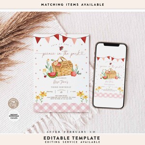 May include: Editable template for a picnic in the park birthday party invitation. The invitation features a pink and white checkered background with a basket of fruit, a watermelon, and a red apple. The text reads "Join us for a picnic in the park" and "To celebrate Rose Jane's Third Birthday".