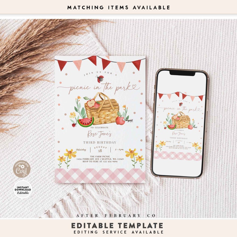May include: Editable template for a picnic in the park birthday party invitation. The invitation features a pink and white checkered background with a basket of fruit, a watermelon, and a red apple. The text reads "Join us for a picnic in the park" and "To celebrate Rose Jane's Third Birthday".