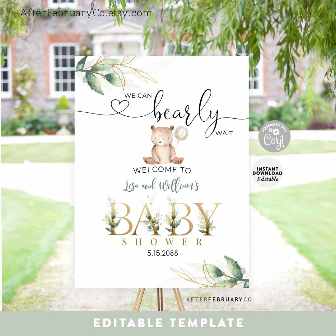 EDITABLE Greenery Gold We Can Bearly Wait Teddy Bear Baby Shower ...