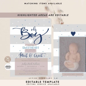 May include: A baby shower invitation with a blue and gray striped background and a white heart with the text "Oh Boy" in blue. The invitation includes the text "A Little Sweetheart Has Arrived!" and "Meet & Greet". The invitation also includes the baby's name, date, time, and location.
