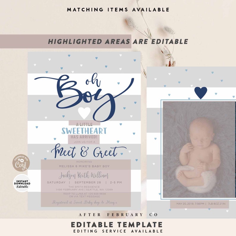 May include: A baby shower invitation with a blue and gray striped background and a white heart with the text "Oh Boy" in blue. The invitation includes the text "A Little Sweetheart Has Arrived!" and "Meet & Greet". The invitation also includes the baby's name, date, time, and location.