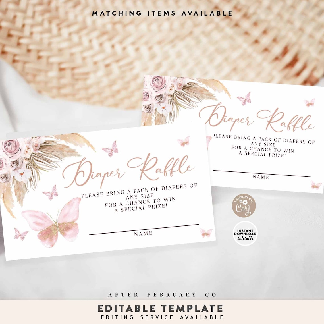EDITABLE Boho Blush Mauve Pink Pampas Grass Boho Diaper Raffle Ticket ...