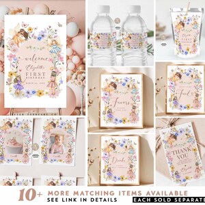 Pode incluir: Um conjunto de decora&ccedil;&otilde;es de festa imprim&iacute;veis com um tema de fada com acentos florais. As decora&ccedil;&otilde;es incluem uma placa de boas-vindas, uma placa de favores, uma placa de bebidas, uma placa de agradecimento, um quadro de cabine de fotos e etiquetas para garrafas de &aacute;gua. As decora&ccedil;&otilde;es s&atilde;o rosa, roxo e verde com um padr&atilde;o floral.
