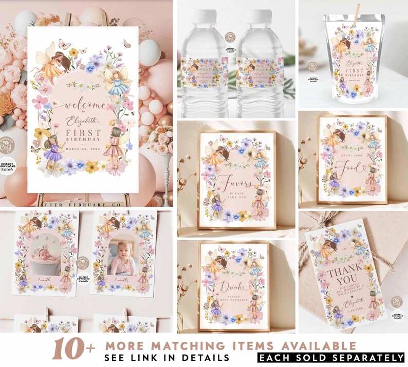 Pode incluir: Um conjunto de decora&ccedil;&otilde;es de festa imprim&iacute;veis com um tema de fada com acentos florais. As decora&ccedil;&otilde;es incluem uma placa de boas-vindas, uma placa de favores, uma placa de bebidas, uma placa de agradecimento, um quadro de cabine de fotos e etiquetas para garrafas de &aacute;gua. As decora&ccedil;&otilde;es s&atilde;o rosa, roxo e verde com um padr&atilde;o floral.